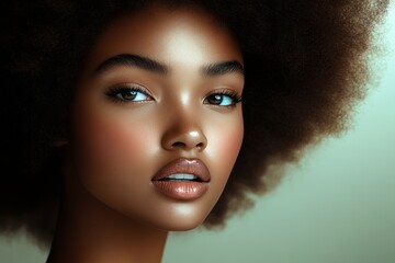 Fototapeta premium This image portrays a stunning woman with vibrant afro style hair, exuding confidence and beauty, radiating warmth and self-assured presence.