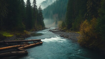 Calm River Meandering Through Forest with Rapids and Fallen Logs