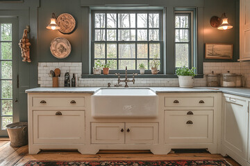 Farmhouse Kitchen With White Cabinets And A Farmhouse Sink