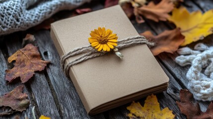 Fototapeta premium Rustic-themed card made with kraft paper and a small dried flower attached.