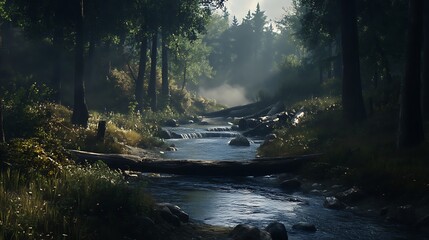Obraz premium Calm River Meandering Through Forest with Rapids and Fallen Logs