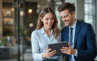 Business Colleagues Sharing a Laugh While Looking at a Tablet &ndash; Male Executive and Young Female Employee Engaged in a Lighthearted Moment