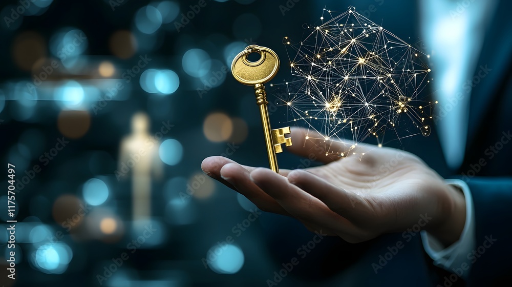 Poster close up view of a businessperson s hand holding a shiny golden key with a blurred figure or shape v