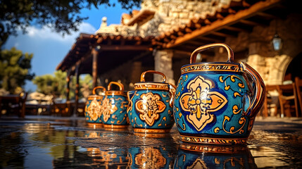 Ornate ceramic teapots on wet stone surface, outdoor cafe setting.