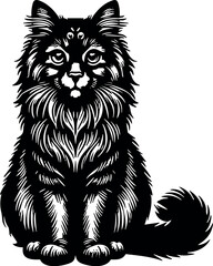 Cute Sitting Cat Vector Silhouette Black with Detailed White Fur Design