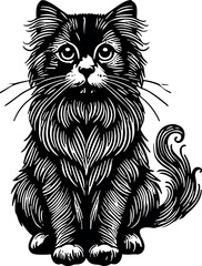 Cute Sitting Cat Vector Silhouette Black with Detailed White Fur Design