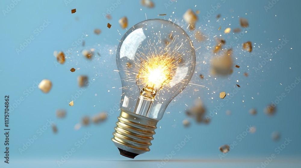Poster bursting golden spark of energy and innovation erupting from an illuminated lightbulb symbolizing br