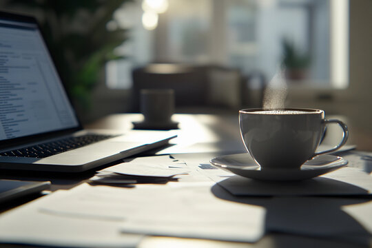 A cozy workspace featuring a steaming cup of coffee beside a laptop surrounded by scattered papers, illuminated by natural light from nearby windows.