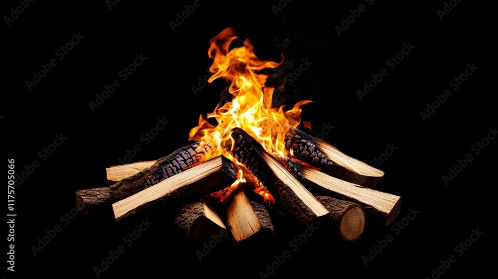 Poster bonfire burning brightly with hot flames and logs on a dark background, creating a cozy and warm atm
