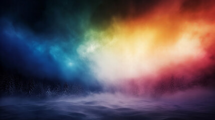 Fototapeta premium Colorful romantic landscape with a mystical rainbow over a foggy forest at twilight