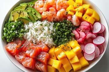 vibrant hawaiian poke bowl artfully arranged with fresh tuna salmon shrimp avocado mango radish and rice garnished with sesame dressing shot from above against a clean white background