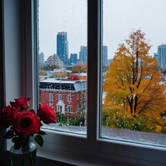 Autumn in the City, Raindrop on Window, using generative ai