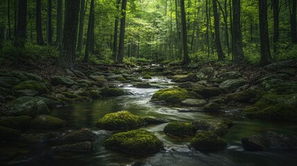 Obraz premium serene forest stream surrounded by mossy rocks illuminated by soft sunlight filtering through trees