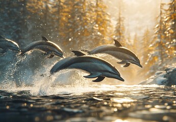 Obraz premium A photorealistic image of a pod of dolphins leaping gra
