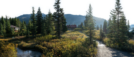 Panorama of a forest with cabins and blue colored mountain sky transparent
