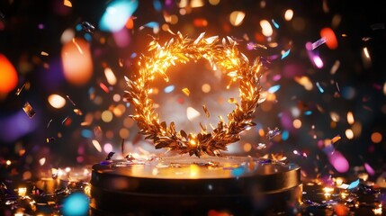 Glowing golden laurel wreath on a dark stage with confetti.