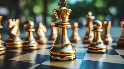 Dramatic low angle shot of a golden chess piece symbolizing a strategic moment of triumph and decisive victory on the game board  The piece is positioned for an impending checkmate