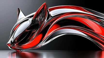 Futuristic Metallic Cat Sculpture with Red and Silver Design