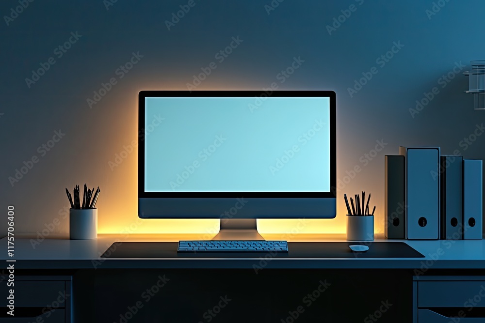 Poster sleek modern office space featuring single desk with minimalist design and glowing computer screen