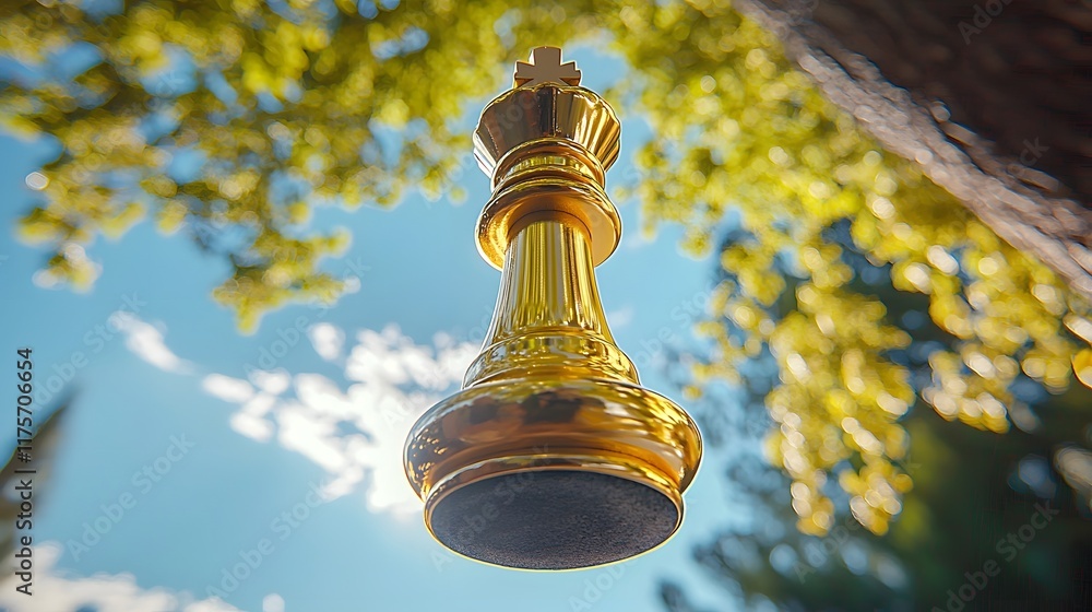 Poster commanding golden chess piece viewed from below symbolizing a decisive checkmate victory and strateg