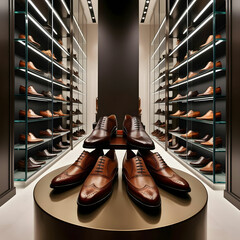 Glass shelves with man's shoes in a shop, focus on shoes