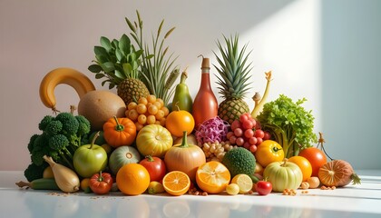 Assortment of Fresh Fruits,Healthy Food and Vegetables on White Surface