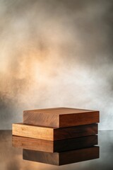 stepped podium made of smooth wood placed on reflective surface with soft ambient lighting in background