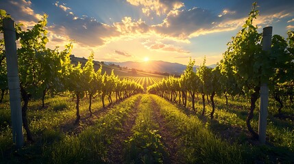 Naklejka premium A peaceful vineyard with rows of grapevines under a clear blue sky at dusk