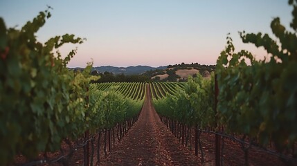 Naklejka premium A peaceful vineyard with rows of grapevines under a clear blue sky at dusk