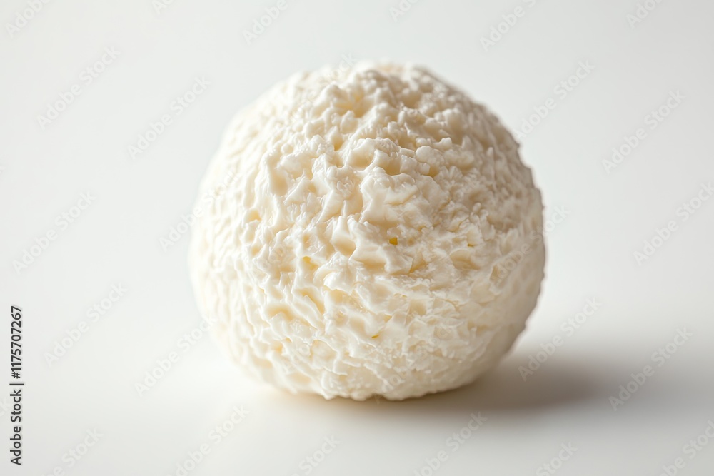 Poster delicate sphere of goat cheese with soft crumbly texture placed on clean white background with ample