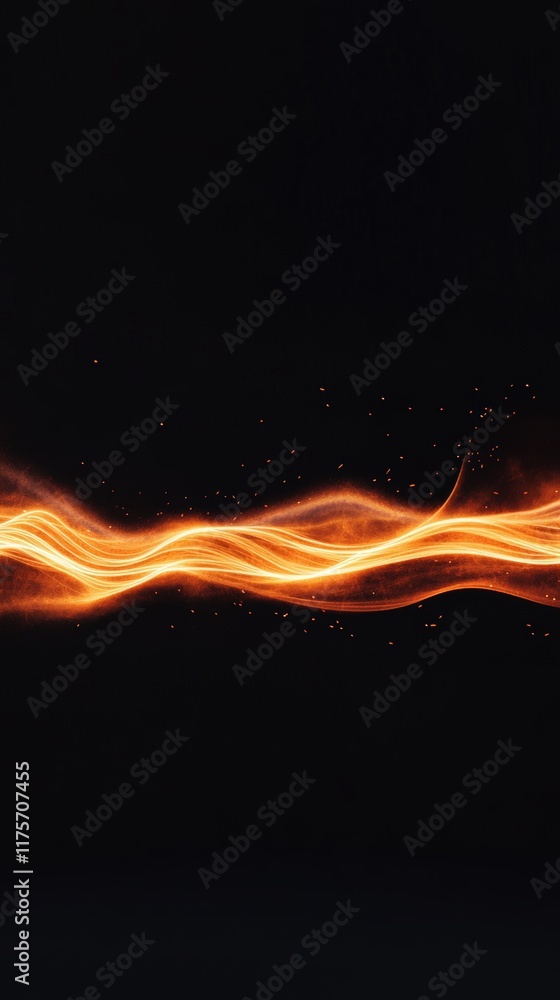 Poster Glowing orange particles flowing in an abstract fiery wave on a deep black background, creating a captivating and dynamic visual effect that evokes warmth and energy