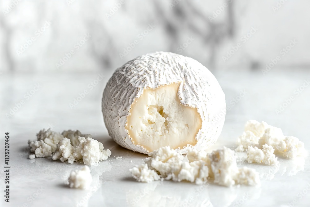 Poster delicate sphere of goat cheese with soft crumbly texture placed on clean white background with ample