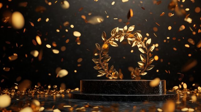 Gold laurel wreath on black marble podium with falling confetti.