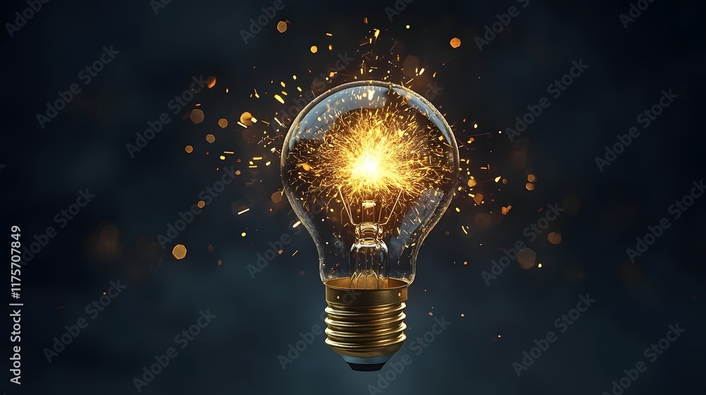 Poster bursting golden spark erupting from a glowing lightbulb representing the concept of innovation creat