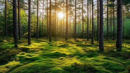 Obraz premium A peaceful woodland clearing with sunbeams filtering through the trees and a carpet of moss 