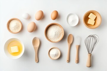 A flatlay image showcasing essential baking ingredients such as flour, eggs, butter, and sugar, alongside wooden utensils and whisks, set on a pristine surface.