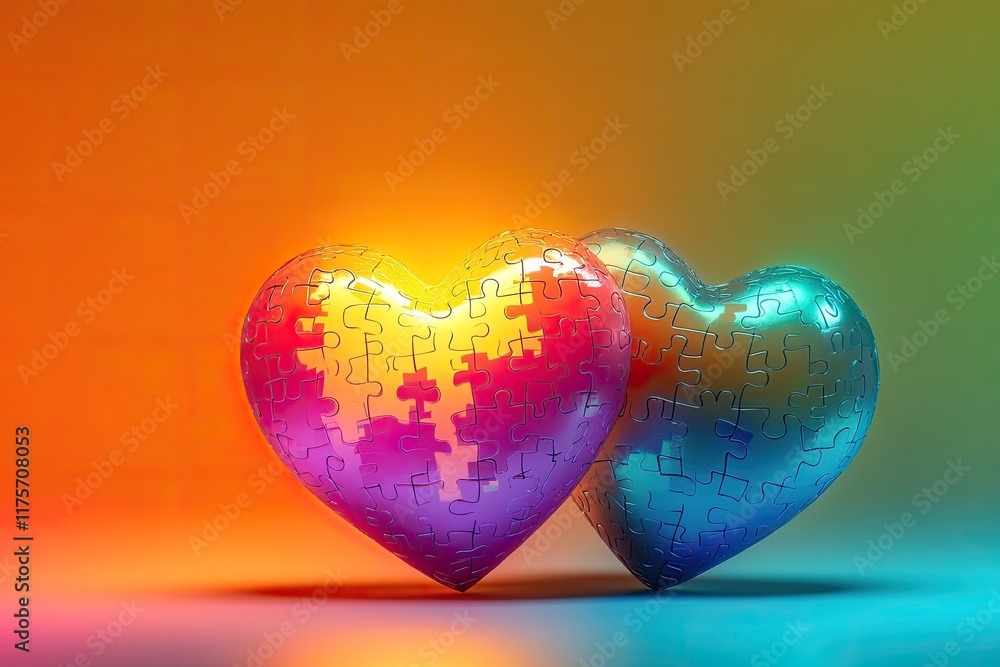 Poster whimsical depiction of glowing heart made of puzzle pieces in various colors set on gradient backgro