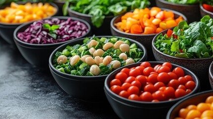 A colorful array of fresh vegetables in bowls, ideal for healthy meals or salads.