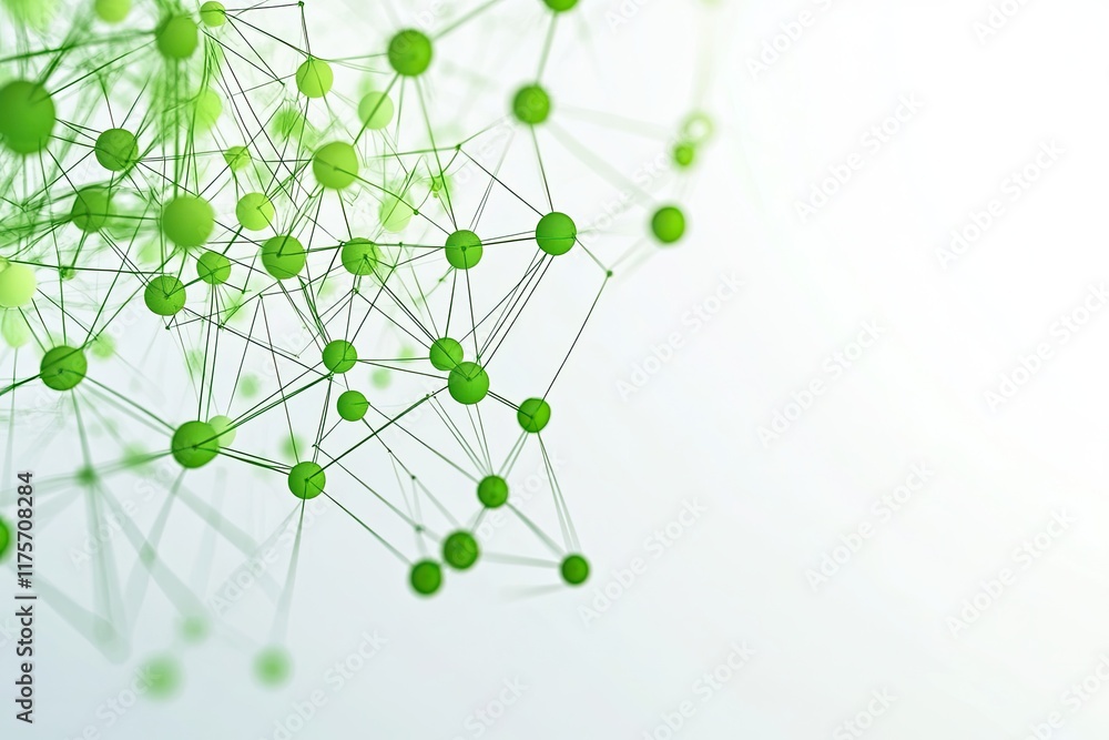 Poster abstract illustration of interconnected green nodes forming sustainable network floating on white ba