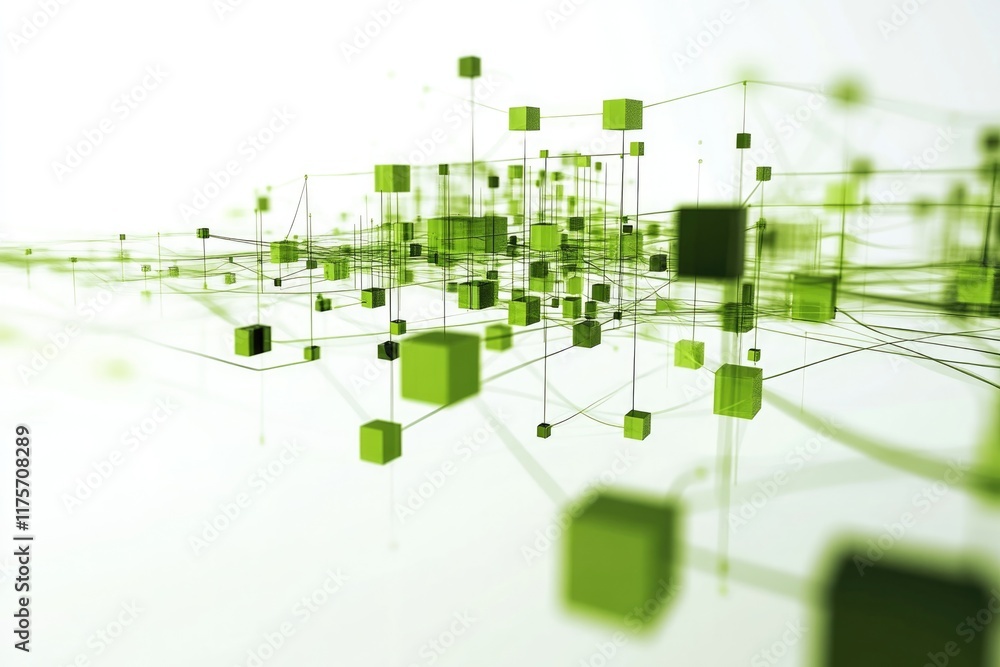 Poster abstract illustration of interconnected green nodes forming sustainable network floating on white ba