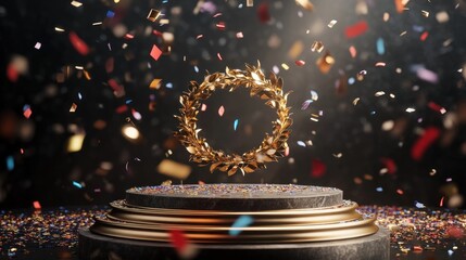 Golden laurel wreath on a pedestal with confetti. (2)