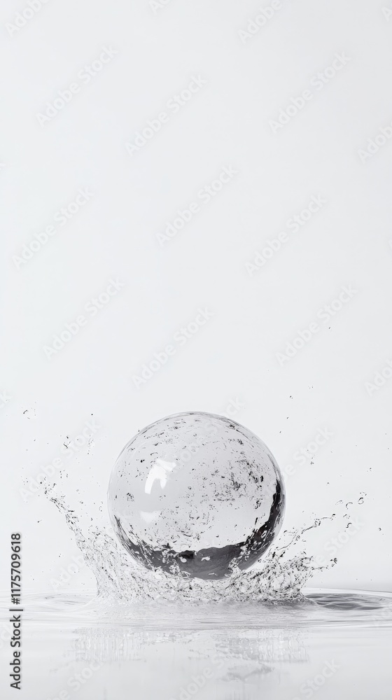 Poster transparent crystal ball splashing on a water surface creating ripples and droplets, against a clean