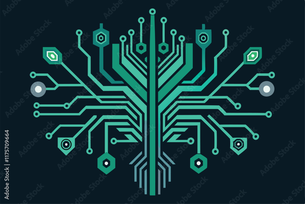 Poster a sophisticated arrangement of circuit board elements forms an intricate tree design, symbolizing in