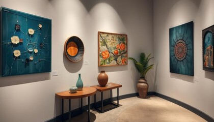 Modern art gallery interior; exhibit of ceramic and painting; showcasing colorful artwork