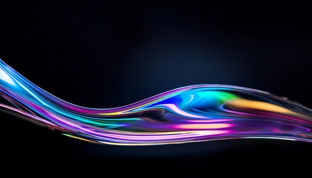 Beautifull abstract fluid holographic iridescent neon curved wave in motion, glass texture, dark black backgroud