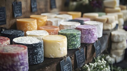 Assorted Artisan Cheeses Displayed On Wooden Stand