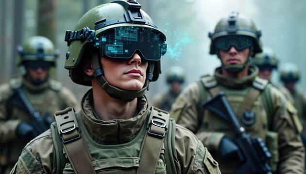 Military personnel in modern camo uniform. Soldier in front with augmented reality helmet. Soldiers visible. Training in forest field setting. Future tech integrated into warfare. Combat training
