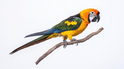 Fototapeta premium Colorful parrot perched on a branch against a white background.