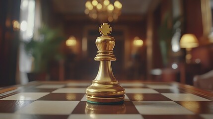 Striking low angle shot focusing on a single golden chess piece capturing its reflective surface and symbolic representation of strategic thinking decision making and the pursuit of success