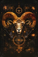 Powerful Aries Ram with Geometric Designs and Ancient Symbols